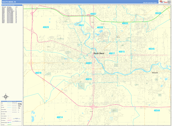 South Bend City Wall Map Basic Style